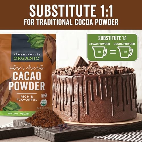 Organic Unsweetened Cacao Powder with Rich Dark Chocolate Flavor