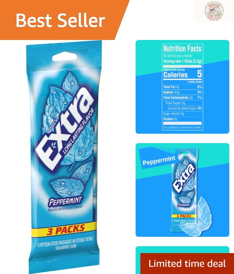 Fresh Breath Peppermint Chewing Gum 3 Pack, 45 Sticks – Perfect Back to School
