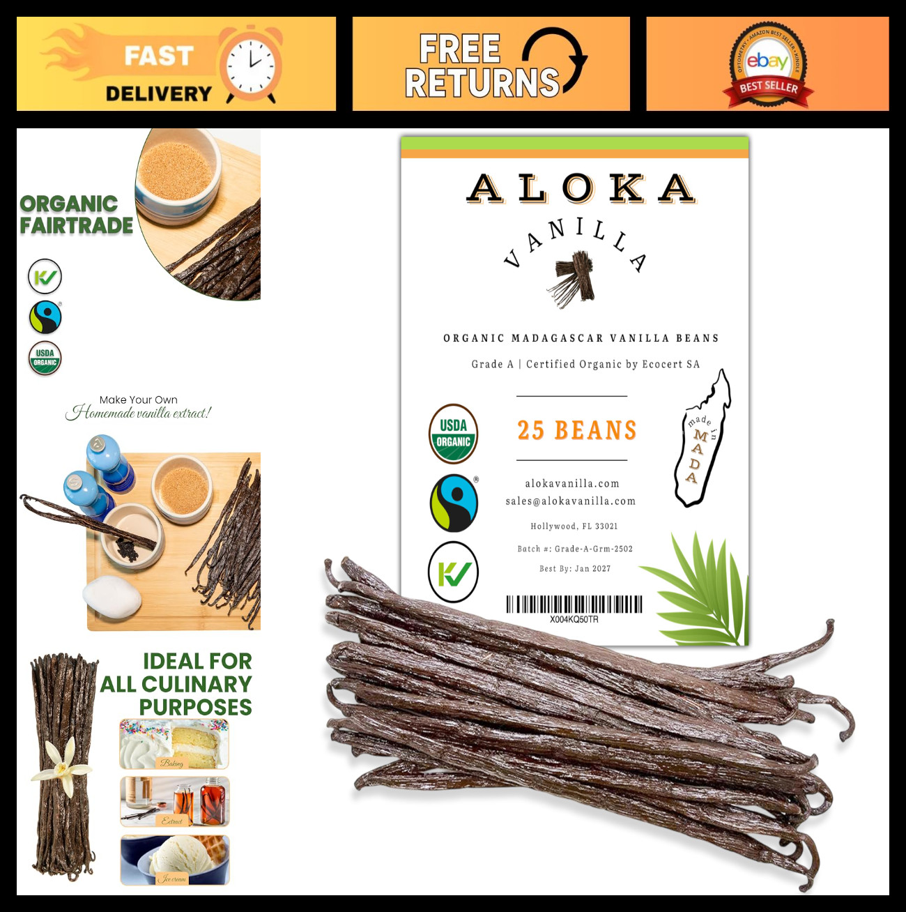 25 Organic Madagascar Vanilla Beans – Grade A Bourbon Pods for Baking & Cooking