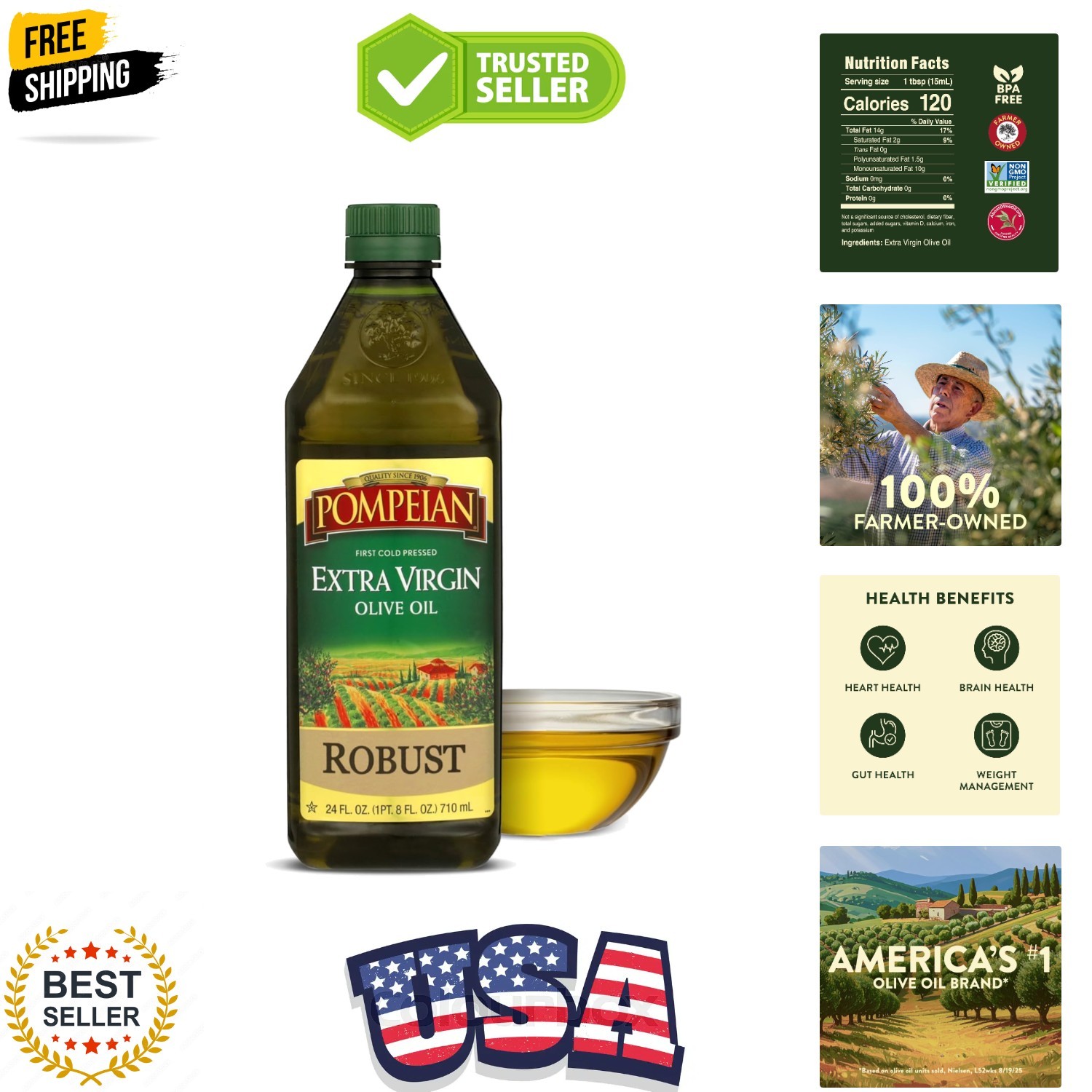 Robust Extra Virgin Olive Oil – 24 fl oz – First Cold Pressed Olive Oil for C…