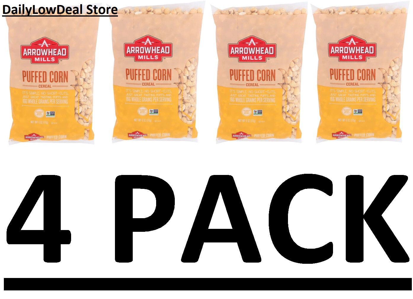 4 PACK – Arrowhead Mills Cereal Puffed Corn 6 oz – FRESH!!