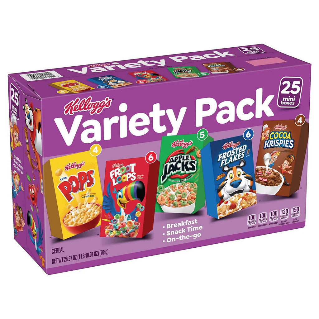 4-Pack Kellogg’s Cereal Mini Boxes, Variety Pack, 25-count