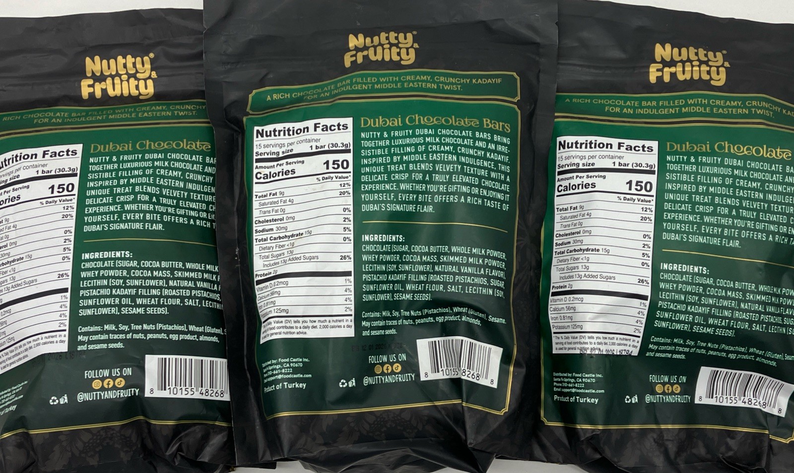 3 Bags Nutty Fruity Dubai Chocolate Bars Individually Wrapped 16oz Bags