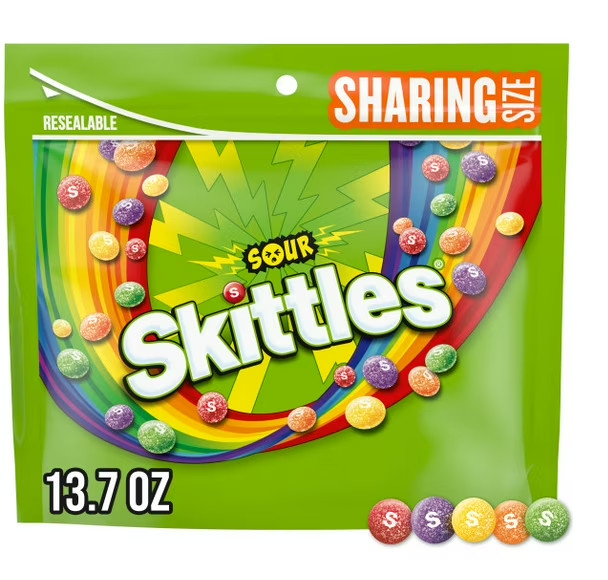 Skittles Sour Candy, Chewy Fruit Candies, Share Size, 13.7 oz Bag