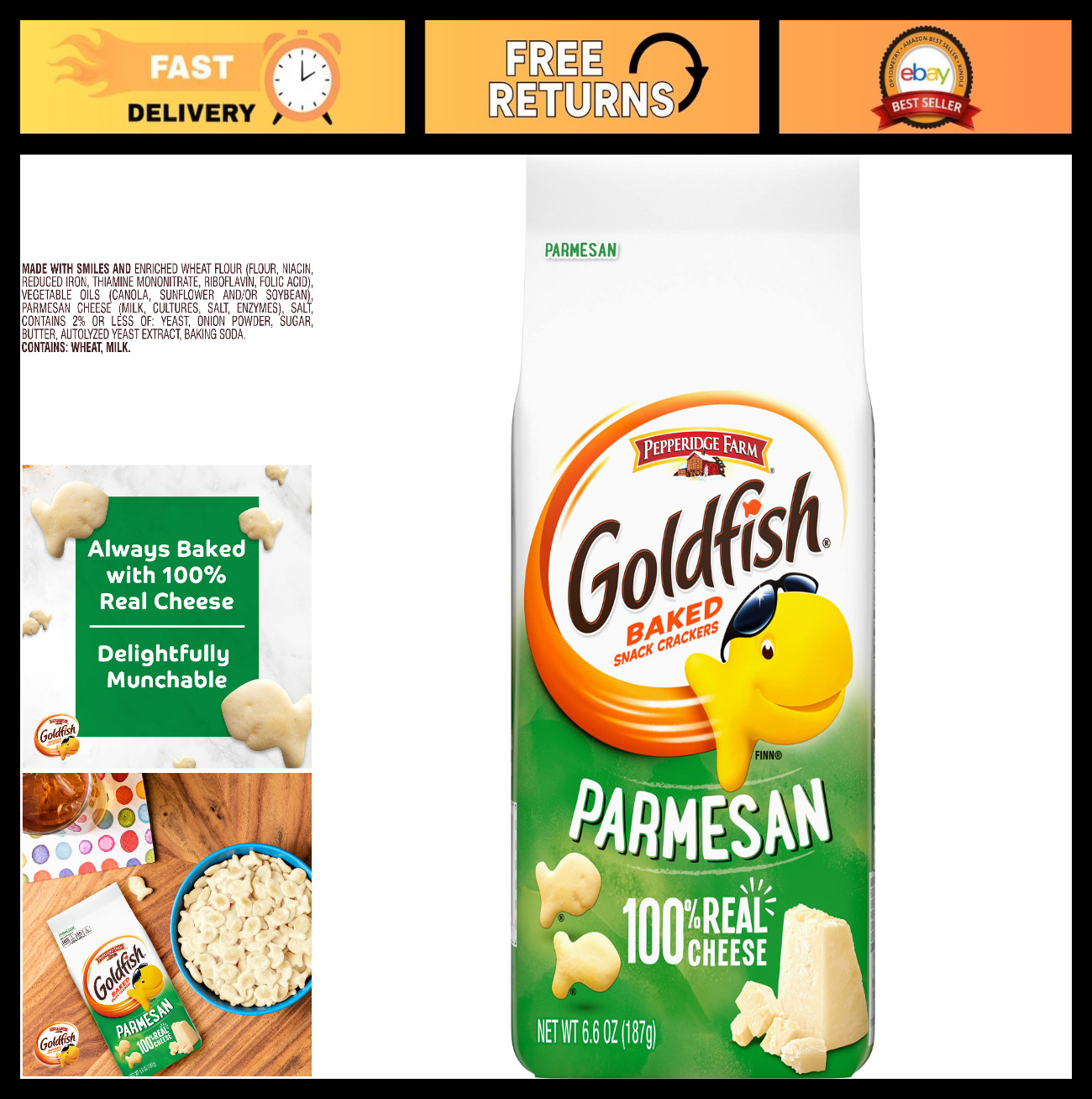 Parmesan Snack Crackers, 6.6 oz Bag – Pack of 24, Crunchy Fish-Shaped Treats