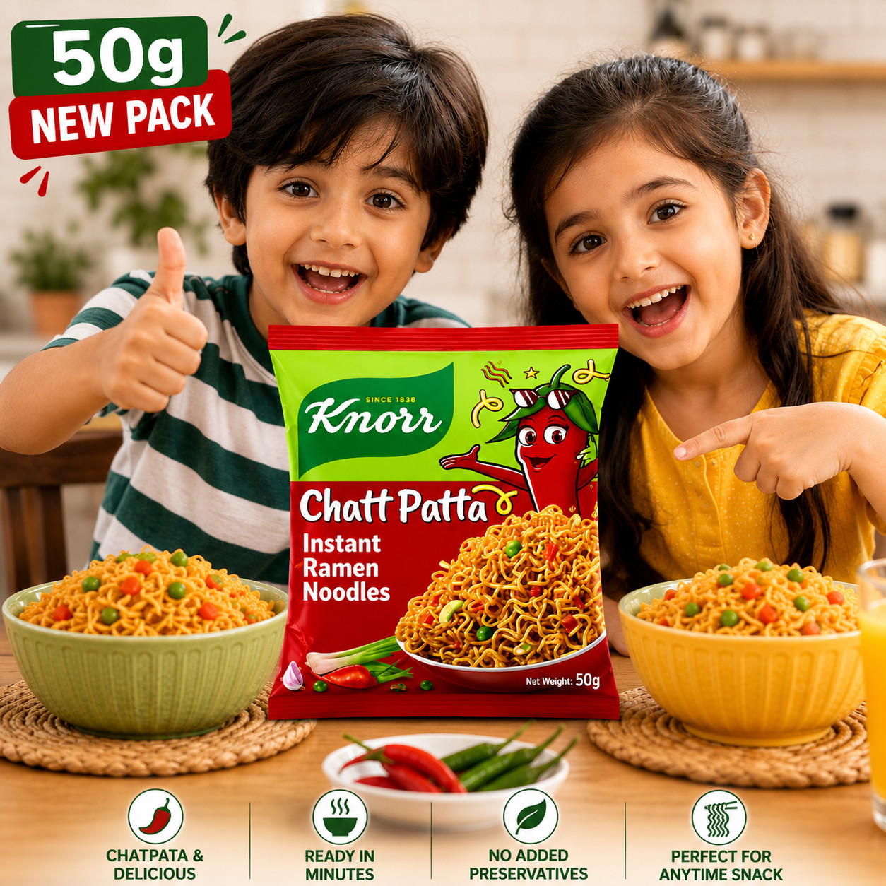 Pack of 3 Knorr Chatt Patta Instant Noodles 50g Halal Tangy Spicy Snack