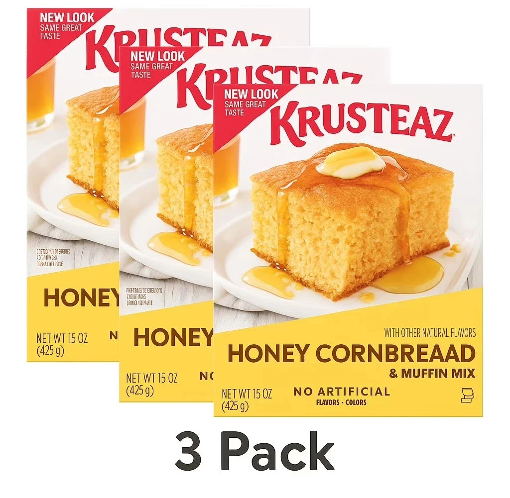 (3 pack) Krusteaz Honey Cornbread and Muffin Mix, Honey Cornbread Mix,15 oz Box