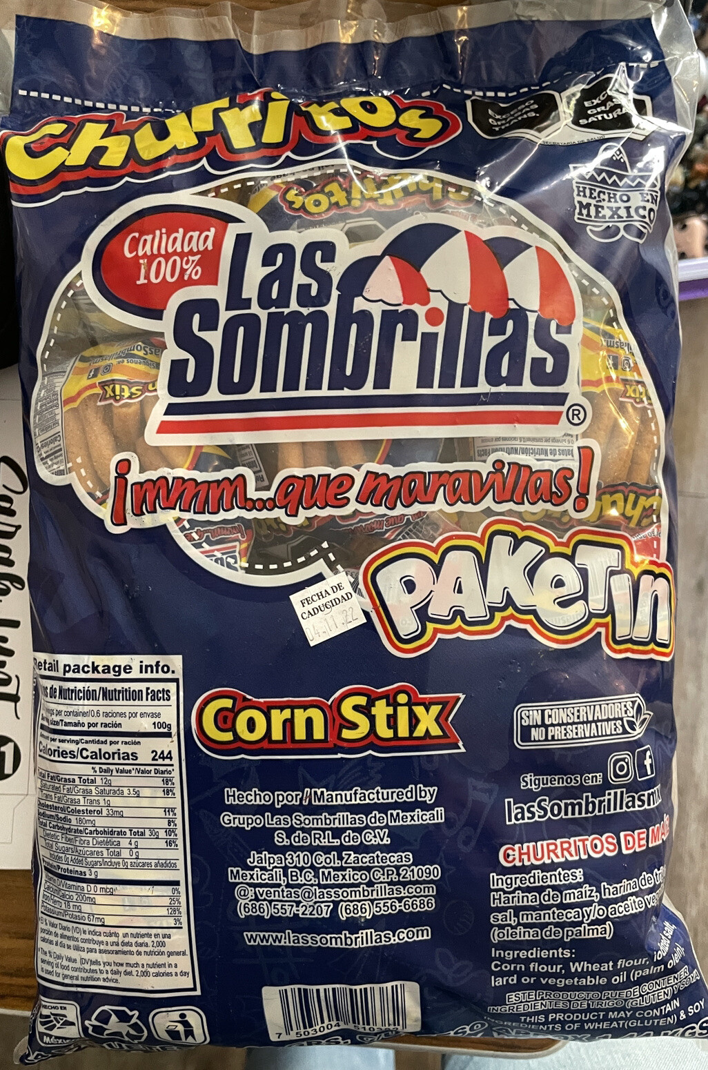1 Pk – 24 Mini Bags LAS SOMBRILLAS Corn Churros 50.7 Oz
