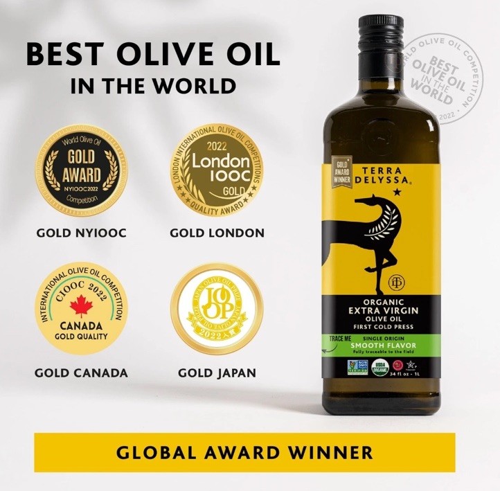 New Terra Delyssa Organic Extra Virgin Olive Oil – 34 fl. oz. Dark Amber Glass