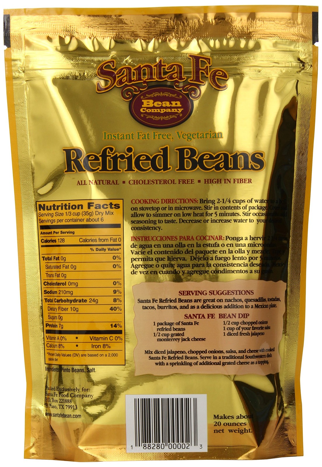 Santa Fe Bean Company Instant Fat Free Vegetarian Refried Beans 7.25-Ounce (Pack