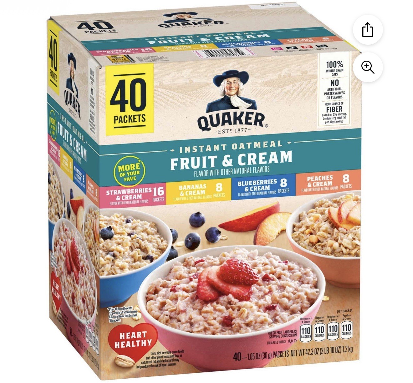 Quaker Instant Oatmeal Fruit & Cream, Variety Pack, 40-count 42.3 oz