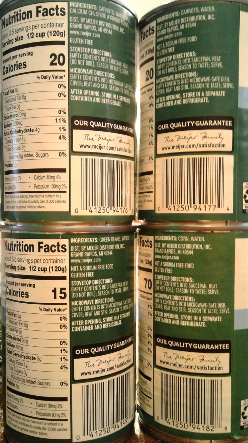 8 Meijer No Salt Added Green Beans/Corn/Carrots (12/28 (6), 12/27 (1), 12/26 (1)
