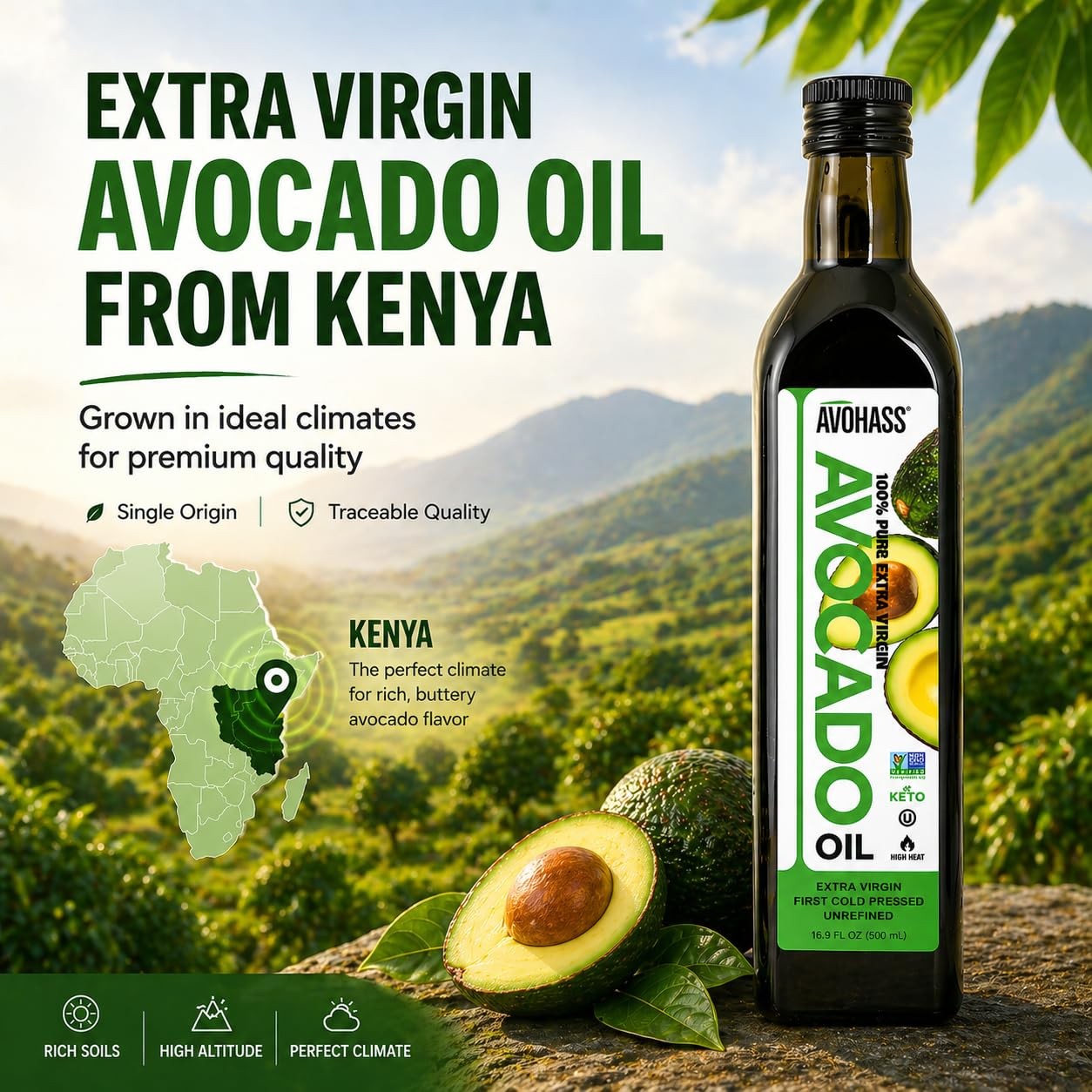 Avohass Kenya Extra Virgin Avocado Oil First Cold Pressed Unrefined 16.9 fl o…