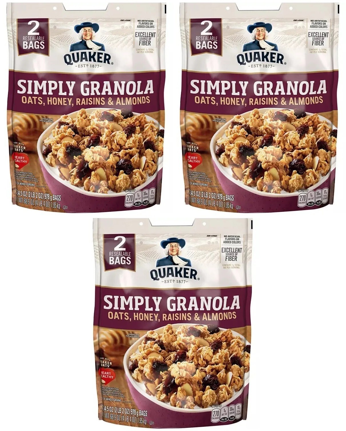 Quaker, Simply Granola, Oats, Honey, Raisins & Almonds 34.5 oz, 2-CT x 3= 6 BAGS