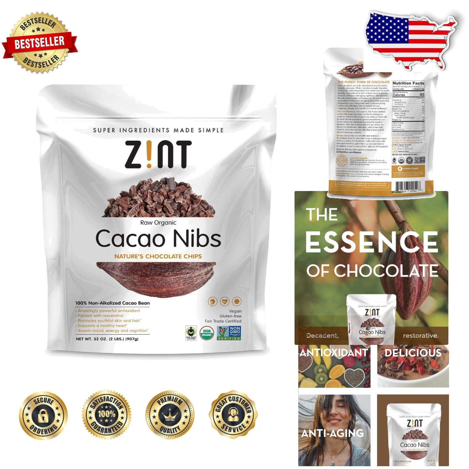 Large 32oz Organic Cacao Nibs: Non-GMO, , Potent Antioxidant Power