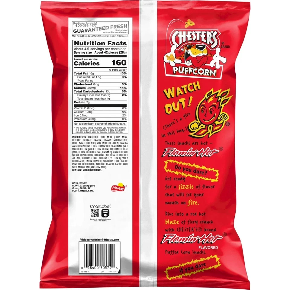Chester’s Puffcorn Flamin’ Hot Flavored Puffed Corn Snacks, 4.25 oz Bag