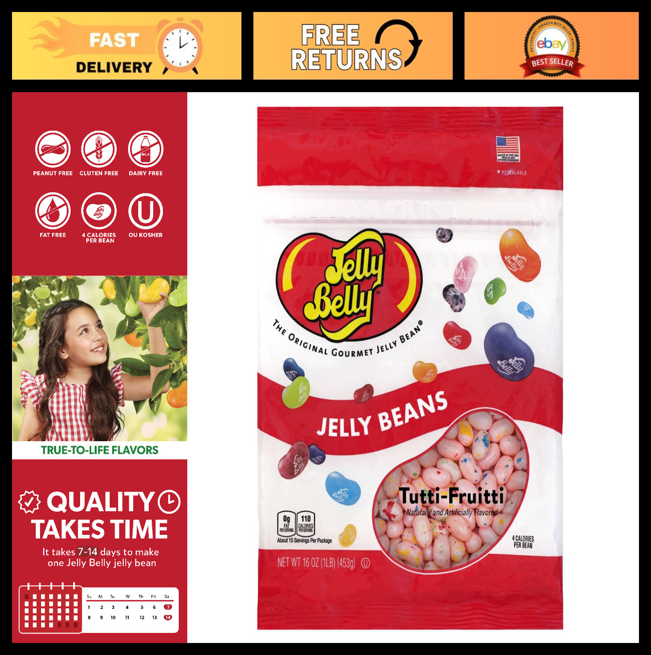 Tutti-Fruitti Jelly Beans – 1 lb Resealable Bag – Gourmet Candy Treats, Bulk Swe