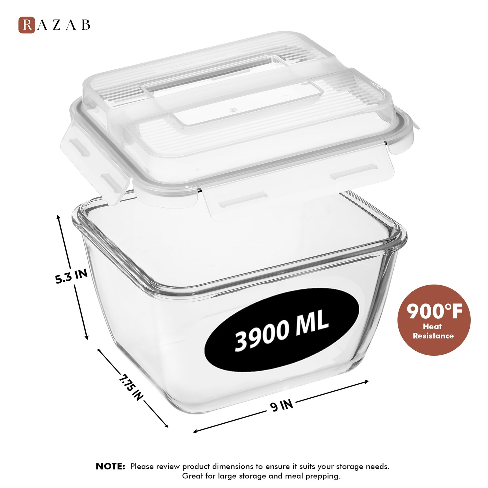 Razab 17 Cup 132 Oz Glass Food Storage Container Leakproof Lid