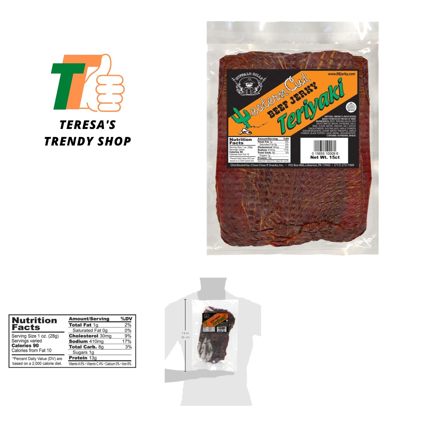 18oz Teriyaki Western Cut Big Slab Beef Jerky 15 beef jerky slabs per bag