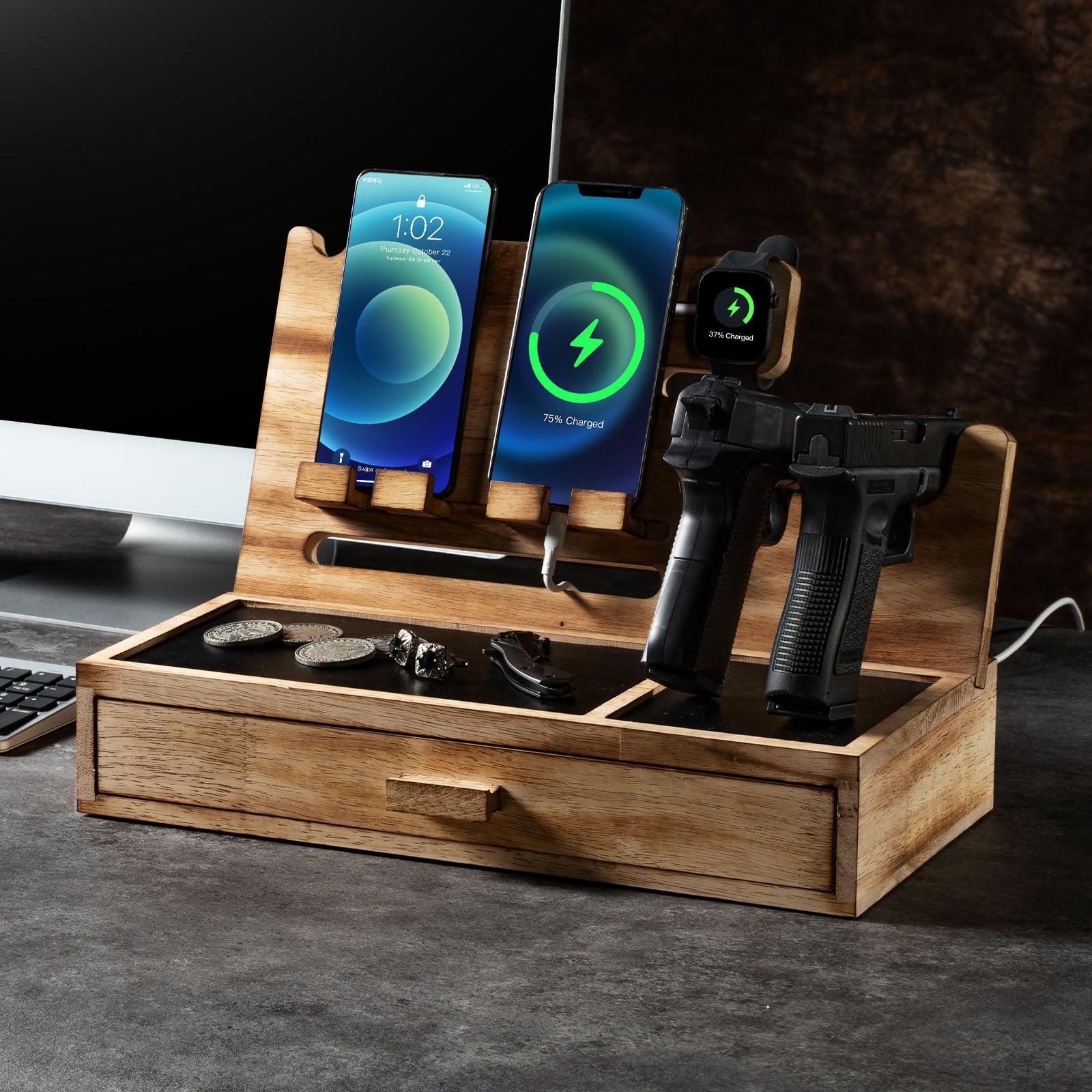 DGWJSU Wood Phone Docking Station & Pistol Rack, Nightstand Organizer, Men Gifts