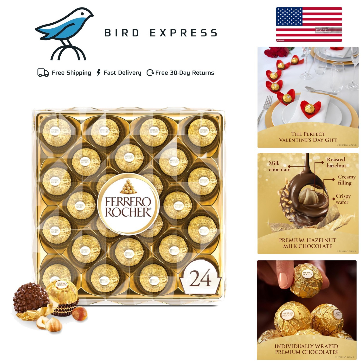 Ferrero Rocher, Milk Chocolate Hazelnut Gift Box 24 Pieces Individually Wrapped
