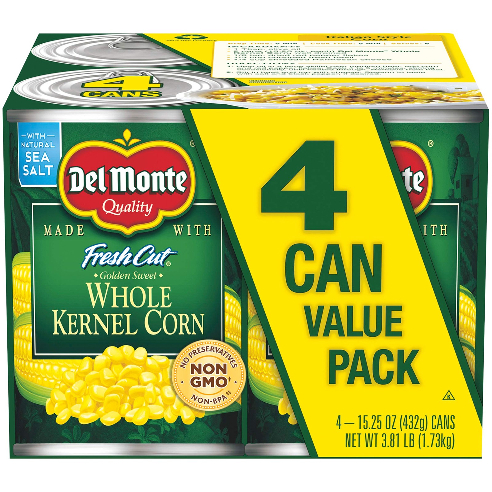 Golden Sweet Whole Kernel Corn 4 Pack 15.25 oz Cans Natural Ingredients Side Dis