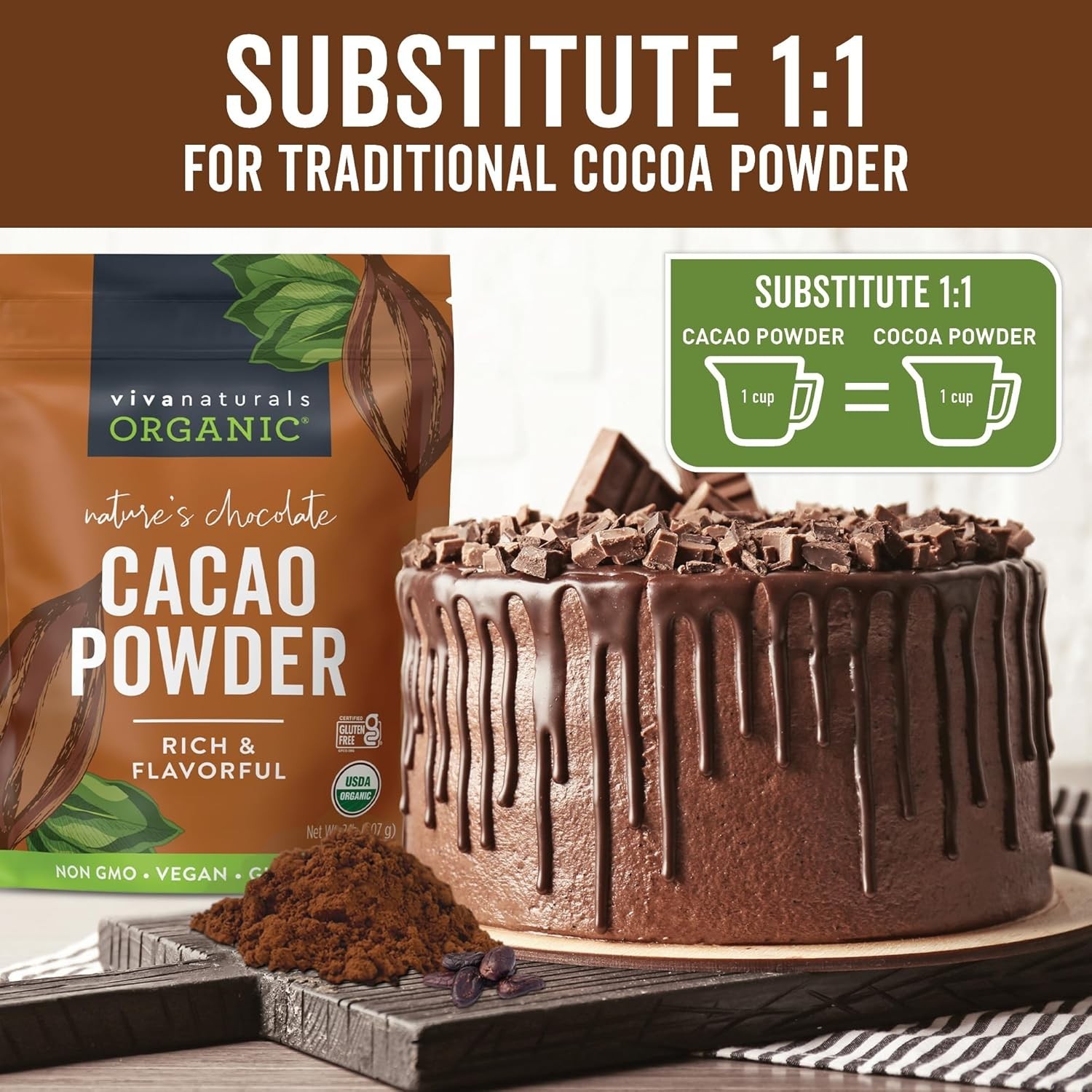 Organic Cacao Powder, Unsweetened, 2 lb 907 g Rich Dark Chocolate Flavor 2 Pound