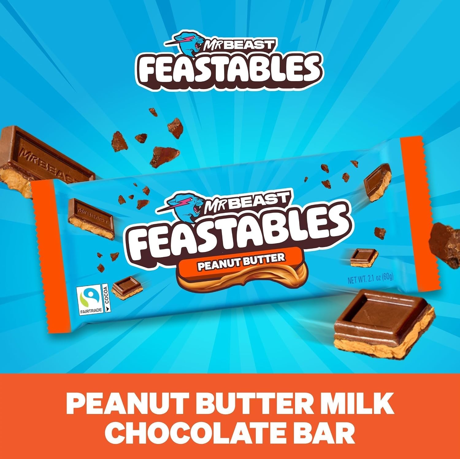MrBeast Peanut Butter Milk Chocolate Bar, King Size, 10 Count | Fairtrade coc…