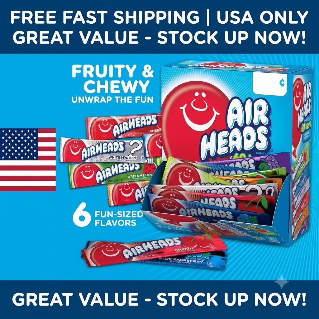 Airheads Chewy Candy Bars, Assorted Flavors, Nut Free, Regular Size, 33 oz, 60 C