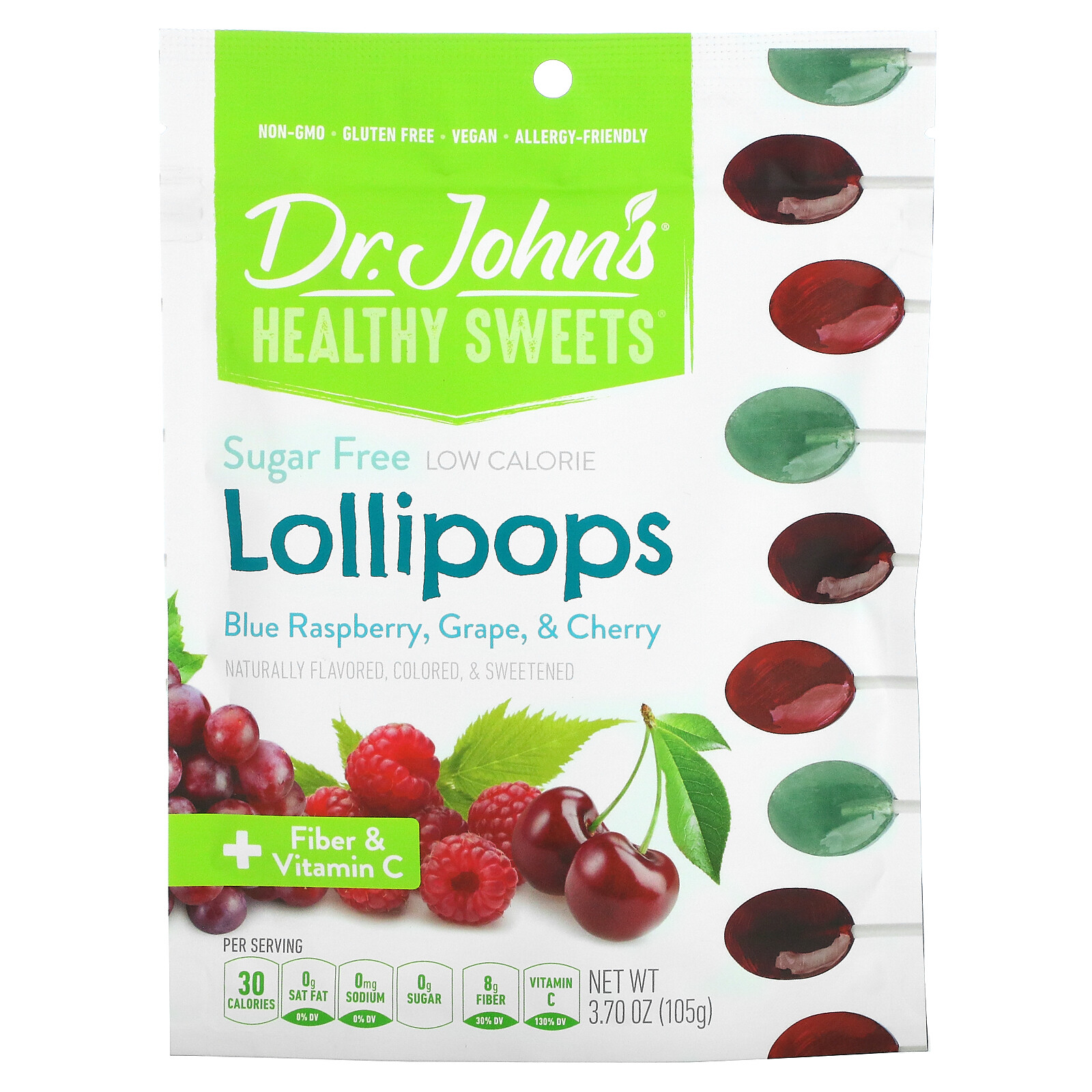 Lollipops, + Fiber & Vitamin C, Blue Raspberry, Grape & Cherry, Sugar Free, 3.7