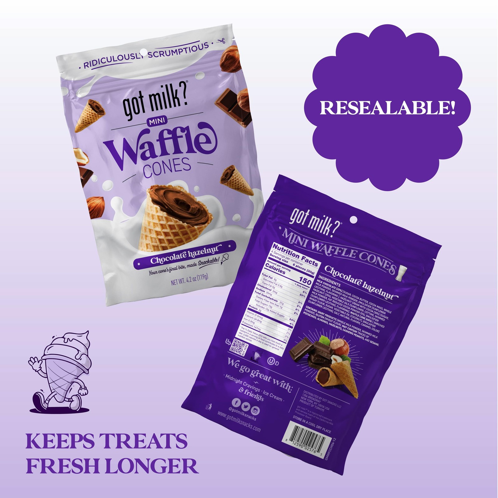 got milk? Mini Waffle Cones, Chocolate Hazelnut, 4.24 Oz. / 119g Resealable B…