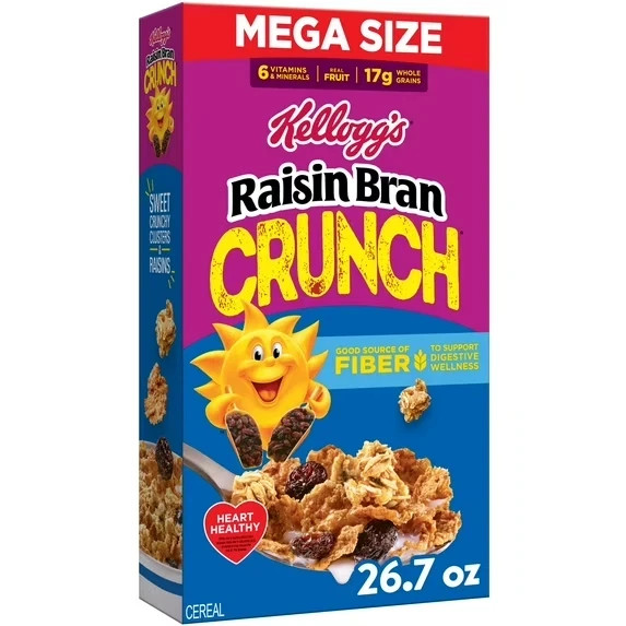 Kellogg’s Raisin Bran Crunch Breakfast Cereal, Good Source of Fiber, Mega Size,