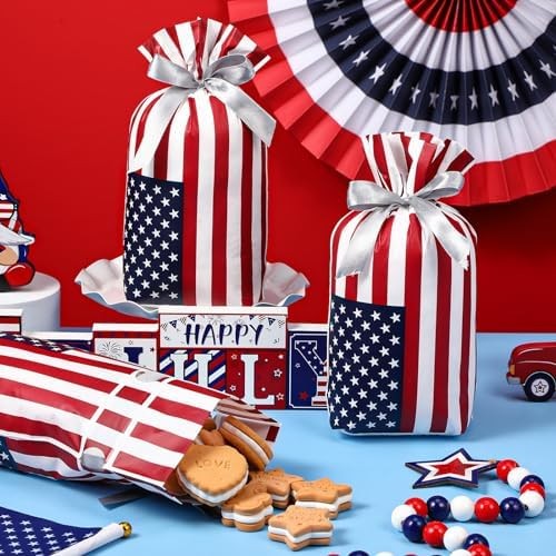 Clysee 100 Pcs Patriotic Gift Bags Bulk with Drawstring 4th of July Plastic Amer