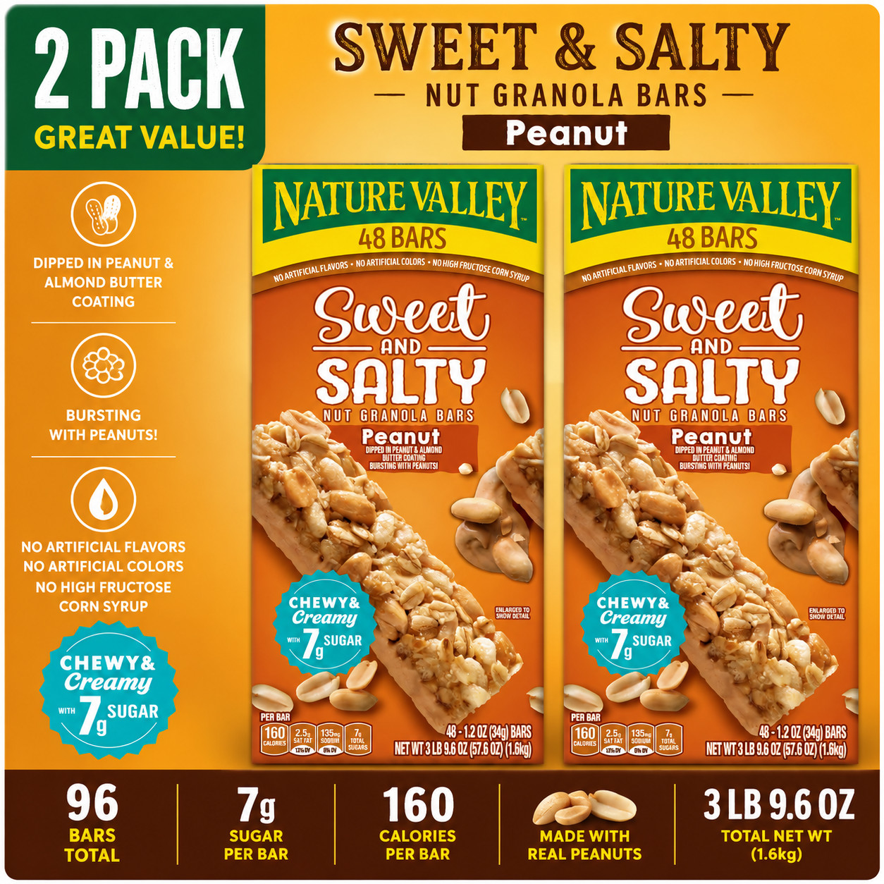 2-Pack Nature Valley Sweet and Salty Granola Bar, Peanut, 1.2 oz, 48-count