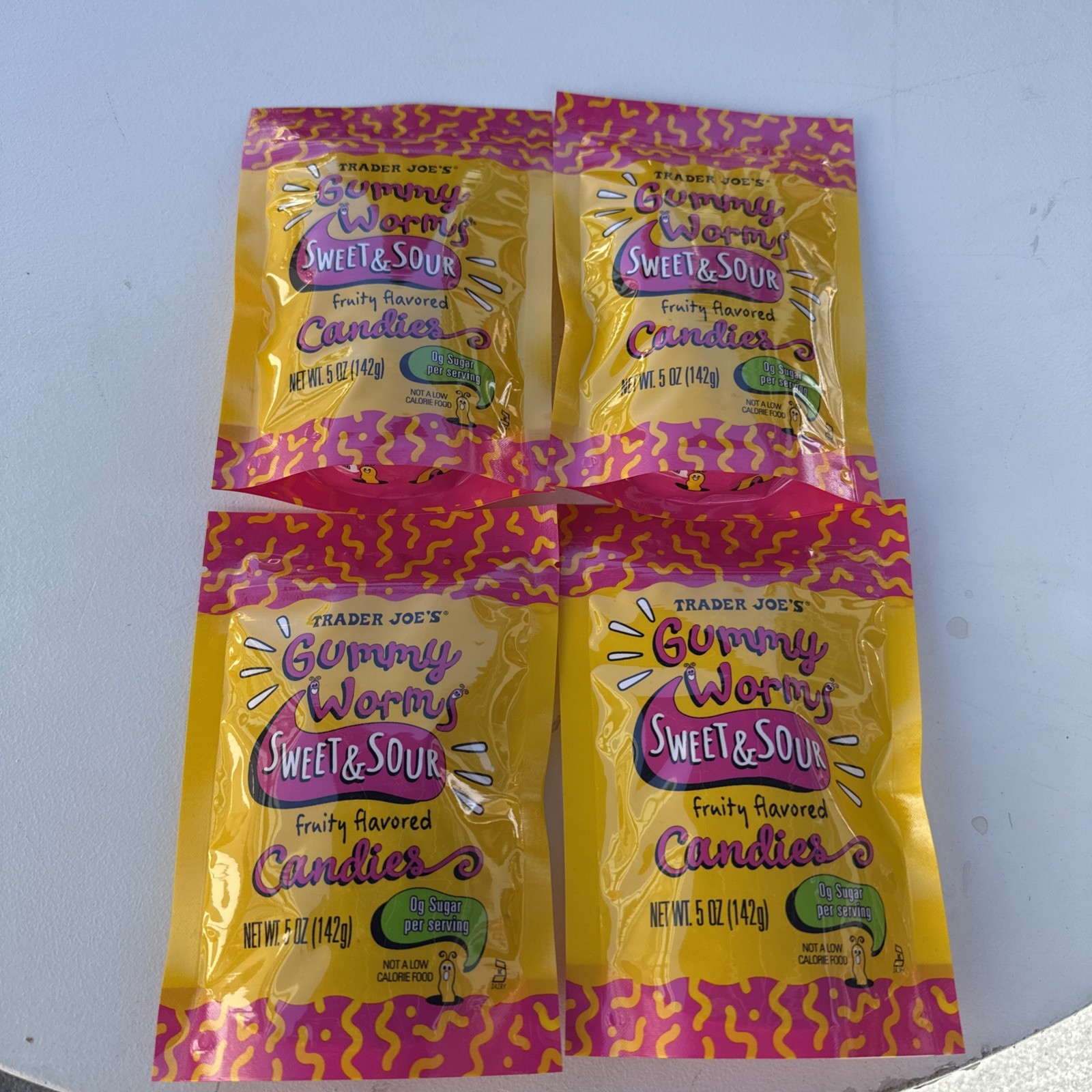 4 Pack Trader Joe’s Sweet & Sour Gummy Worms Candies 5 oz ea Gummies Zero Sugar