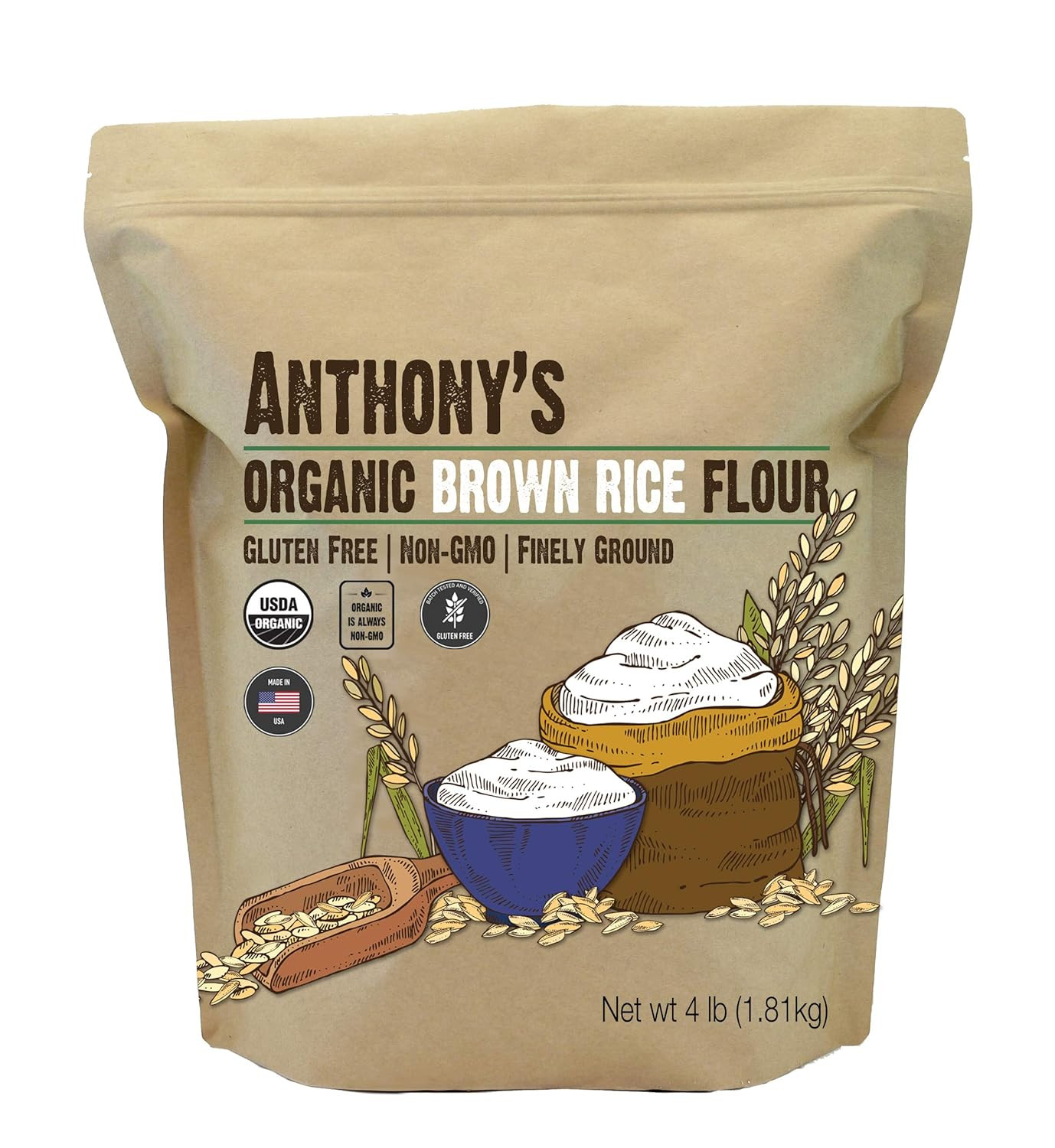 Organic Brown Rice Flour, 4 Pound, Gluten Free, Product of USA, Finely Ground