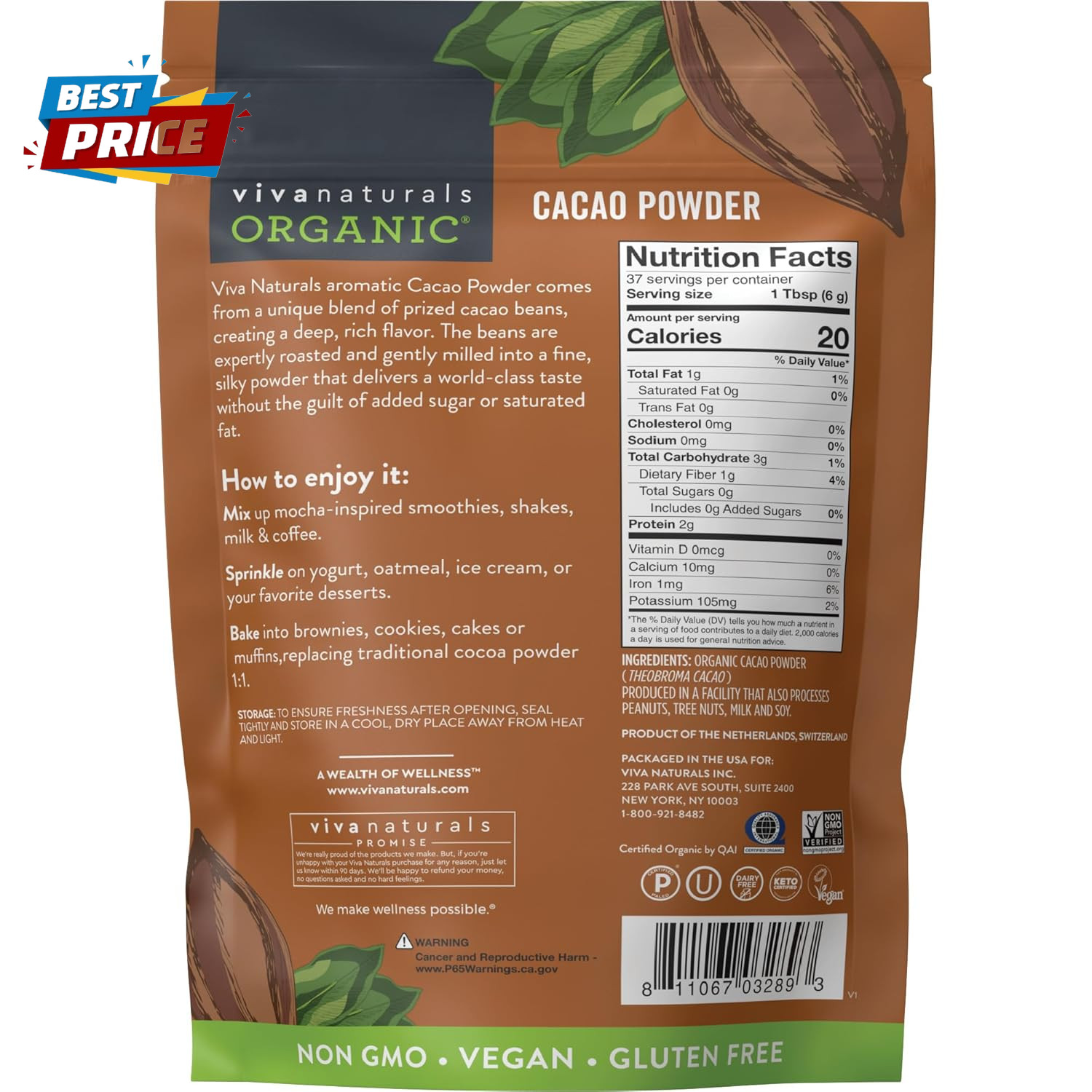 Organic Cacao Powder, Unsweetened, 8 Oz (227 G) – Rich Dark Chocolate Flavor, Pe