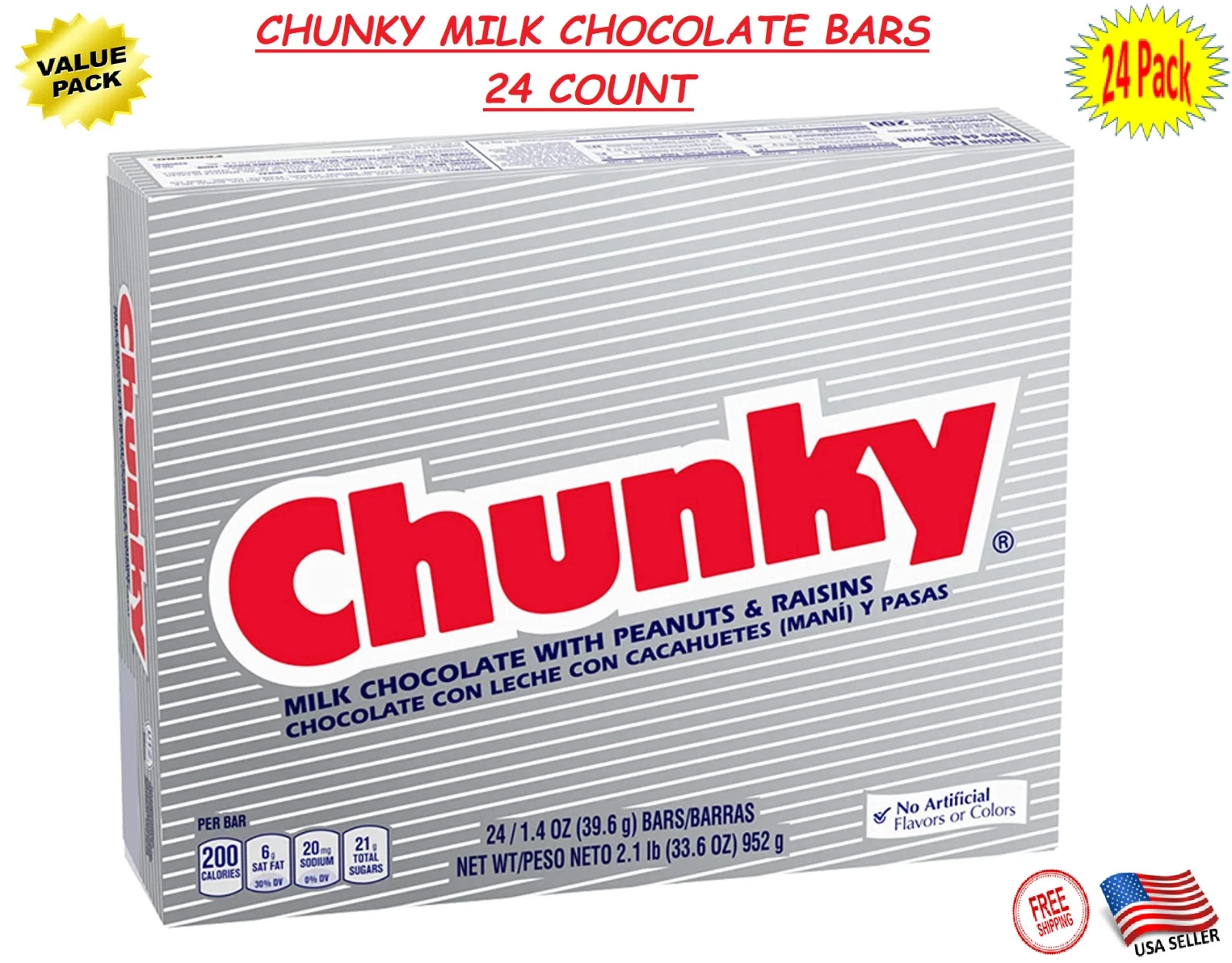 CHUNKY Milk Chocolate Candy Bars, Individually Wrapped, 1.4-Ounce (Box of 24)