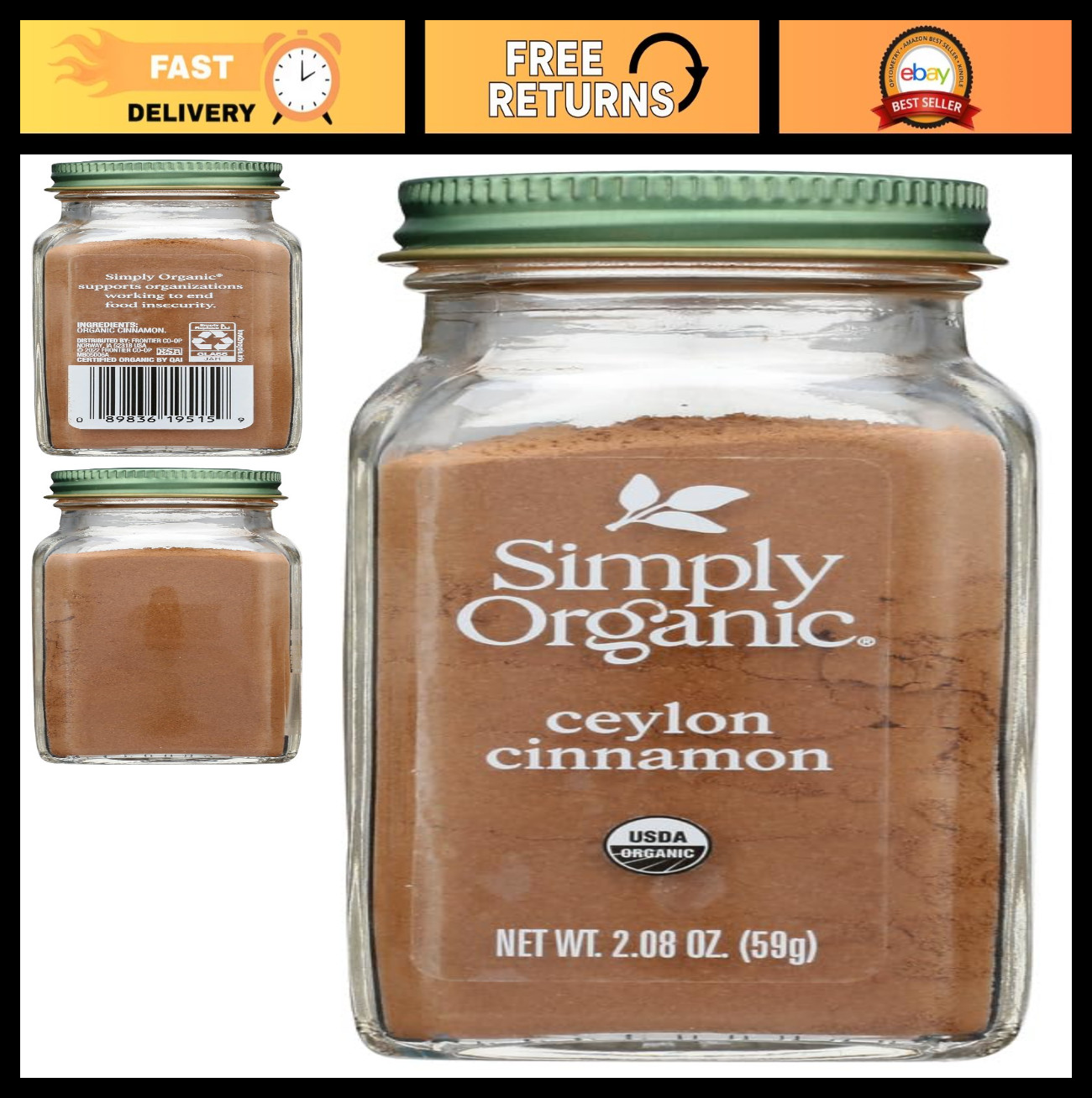 Organic Ground Ceylon Cinnamon – Vegan, 2.08 oz, Pack of 6, Aromatic Spice