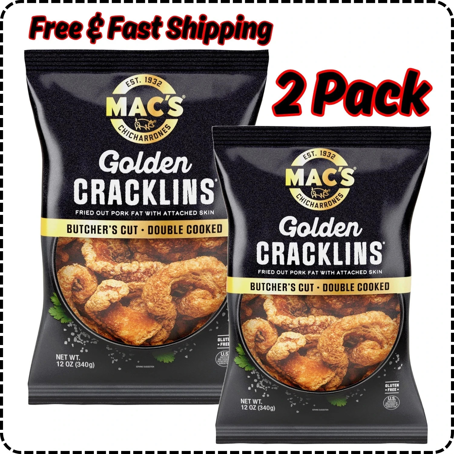 Mac’s Chicharrones Golden Cracklin Curls, Fried Pork Fat with Skin, 12 oz, 2Pack