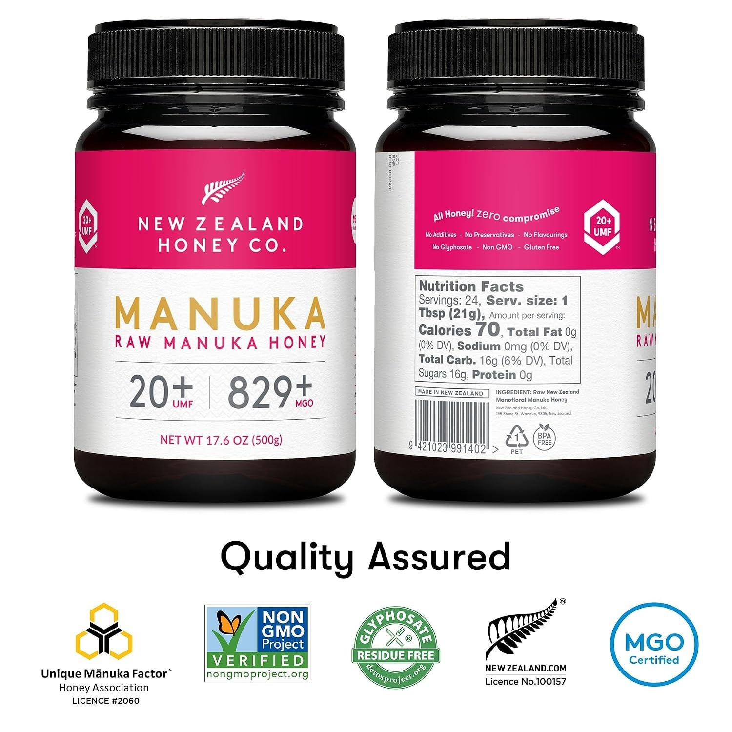 New Zealand Honey Co. Raw Manuka Honey UMF 20+ MGO 829+ 17.6oz Family Size 500g
