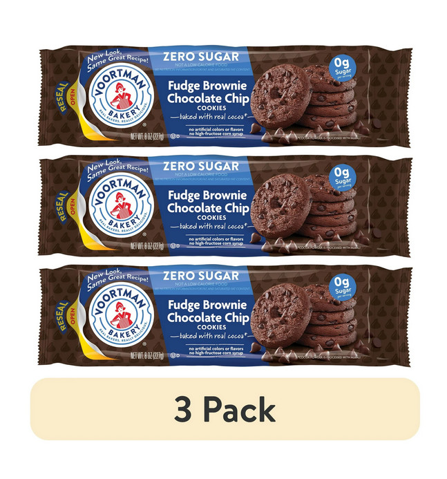 (3 pack) VOORTMAN Bakery Zero Sugar Fudge Brownie Chocolate Chip Cookies 8 oz