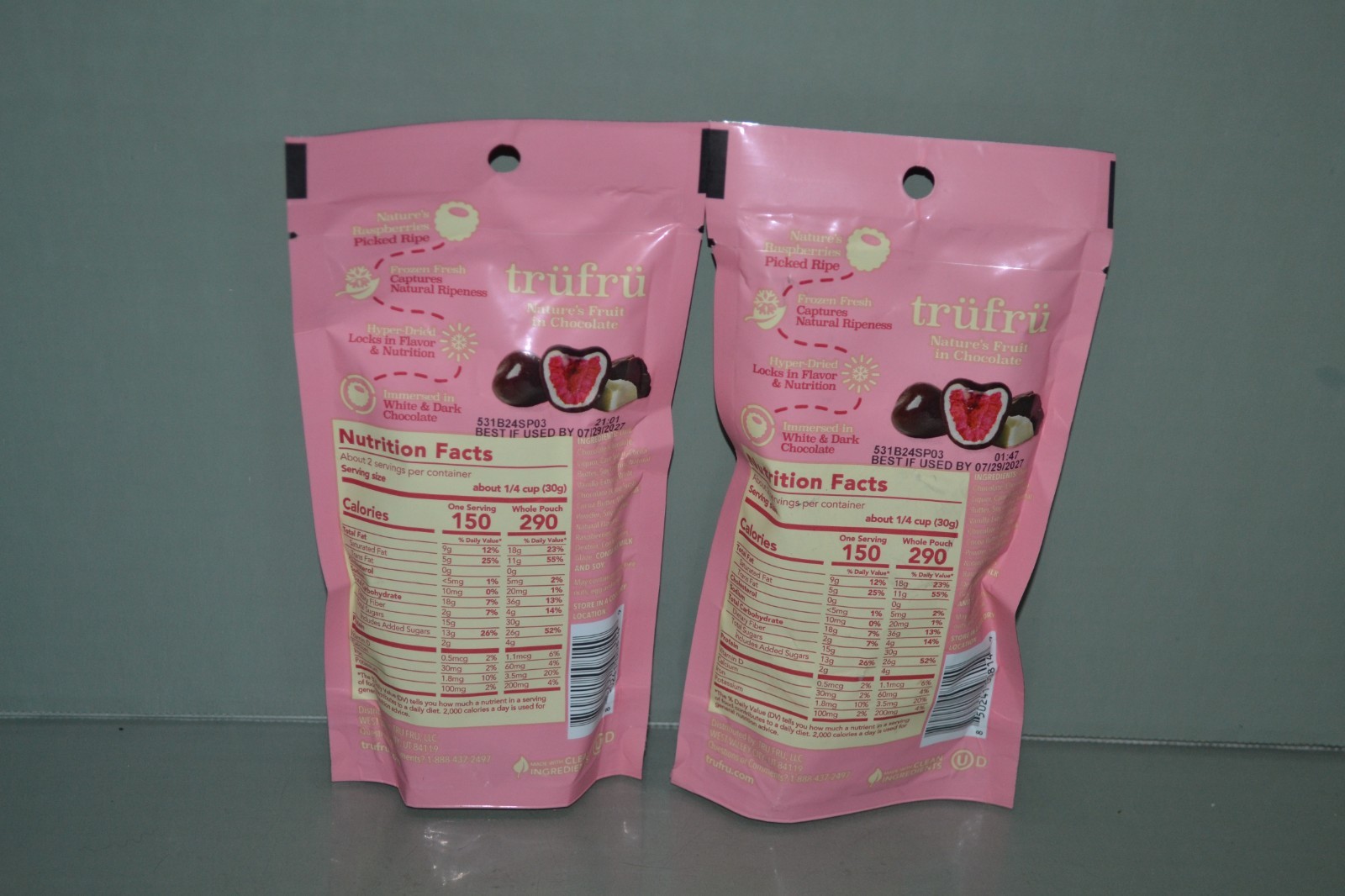 (2) Tru Fru White & Dark Chocolate Covered Raspberries, 2.1 oz Each Best By 7/27