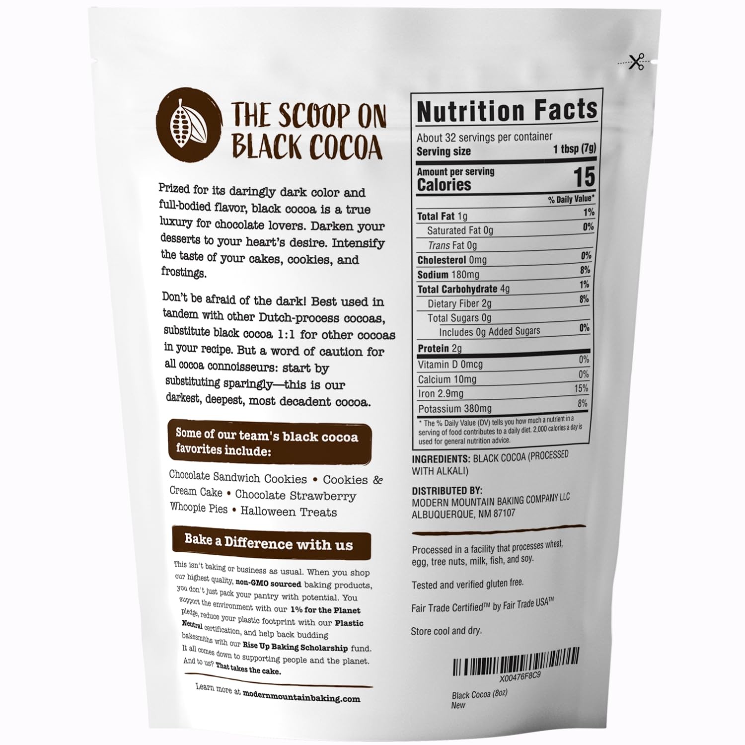 Black Cocoa Powder Dutch-Processed Unsweetened Extra Dark Fair Trade 8 oz