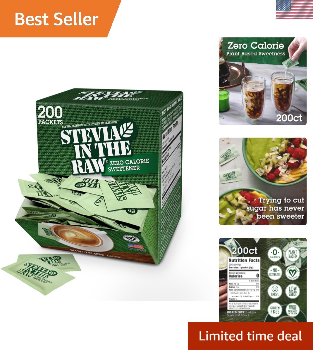 200 Count Organic Stevia Sweetener Packets – Zero Calorie, & Gluten Free