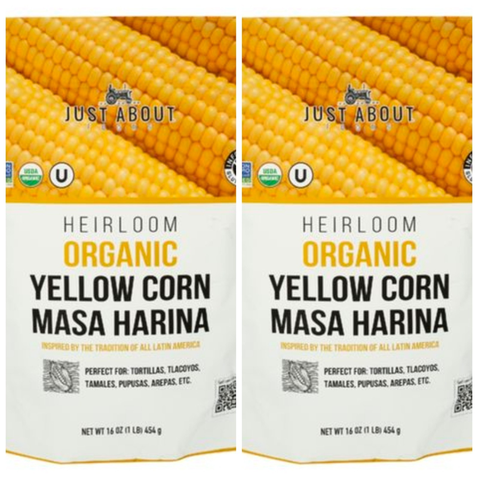 (Lot Of 2) Bags Organic Heirloom Yellow Corn Masa Harina 16 Oz (1 LB) 454g