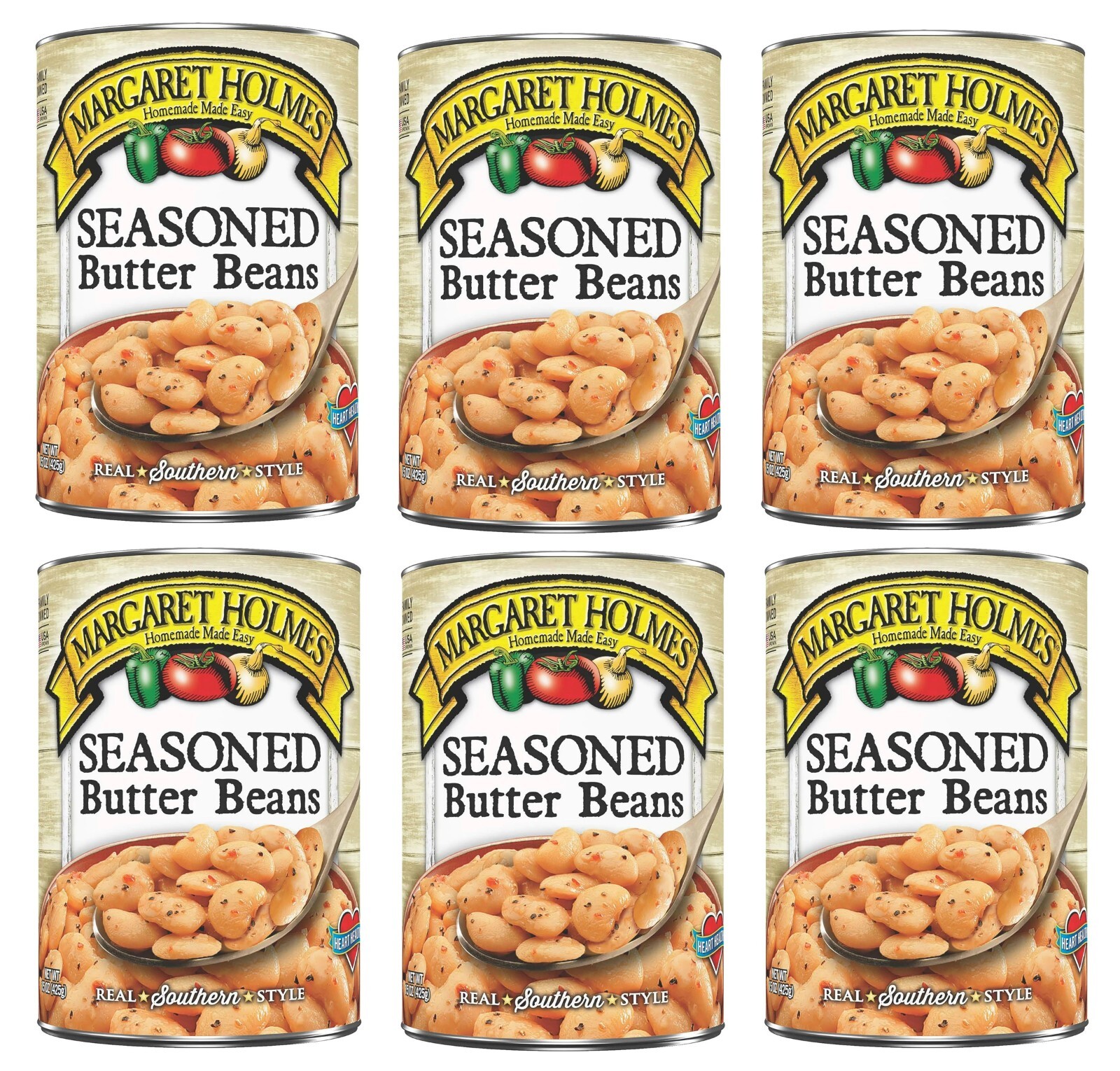 Margaret Holmes Seasoned Butter Beans, 6-Pack, 15 oz Cans – Gluten-Free, Low-Fat