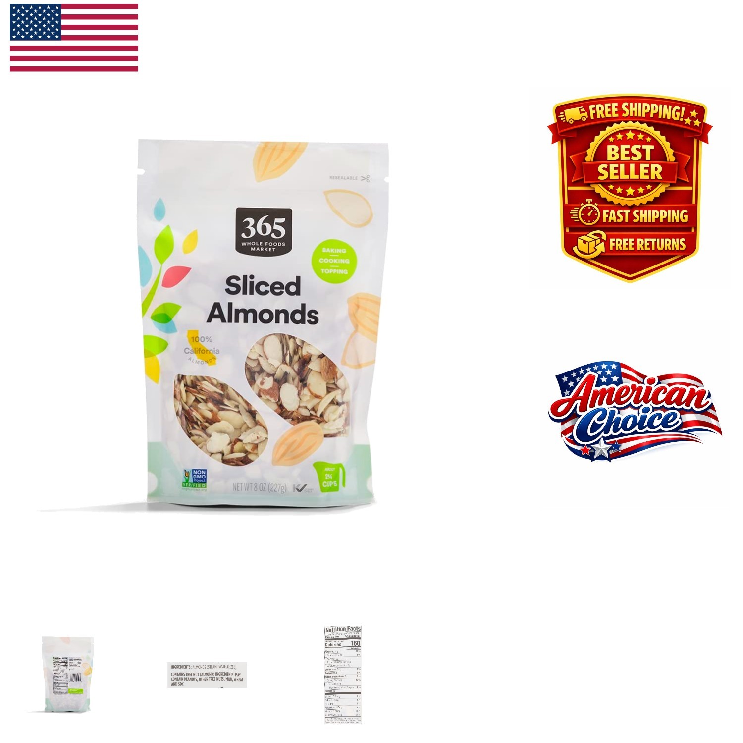 365 Whole Foods Market Sliced Almonds, 8 Ounce – Ideal for Toppings & Garnishes
