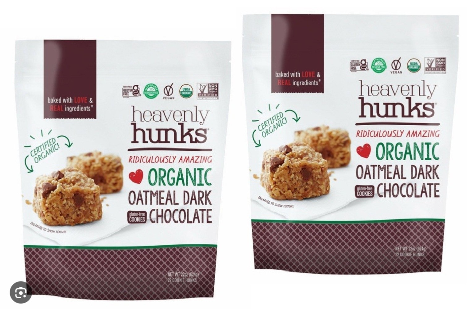 2 X Heavenly Hunks Vegan Cookies 22 OZ Gluten Free Oatmeal Dark Chocolate Snack
