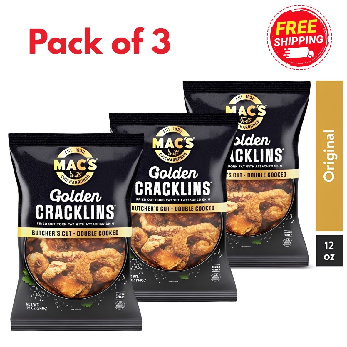 Mac’s Chicharrones Golden Cracklin Curls, Fried Pork Fat with Skin, 12 oz, 3Pack
